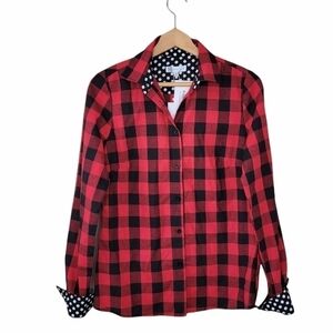 NWT Hazel Blues | Red Black Plaid Button Up Shirt Polka Dot Cuffs Womens Small